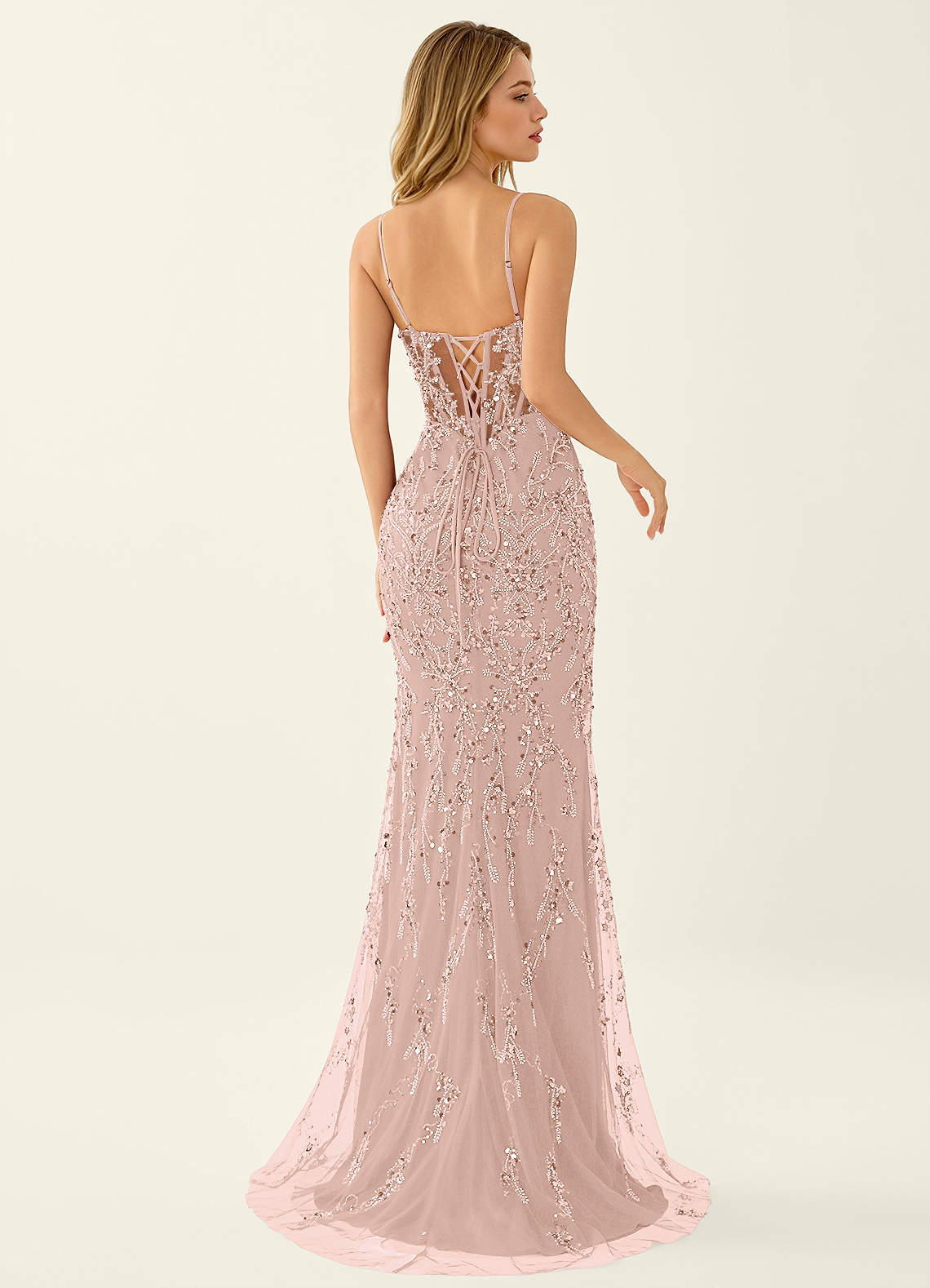 Zivah Mermaid V-Neck Beaded Stretch Mesh Evening Dress in pink