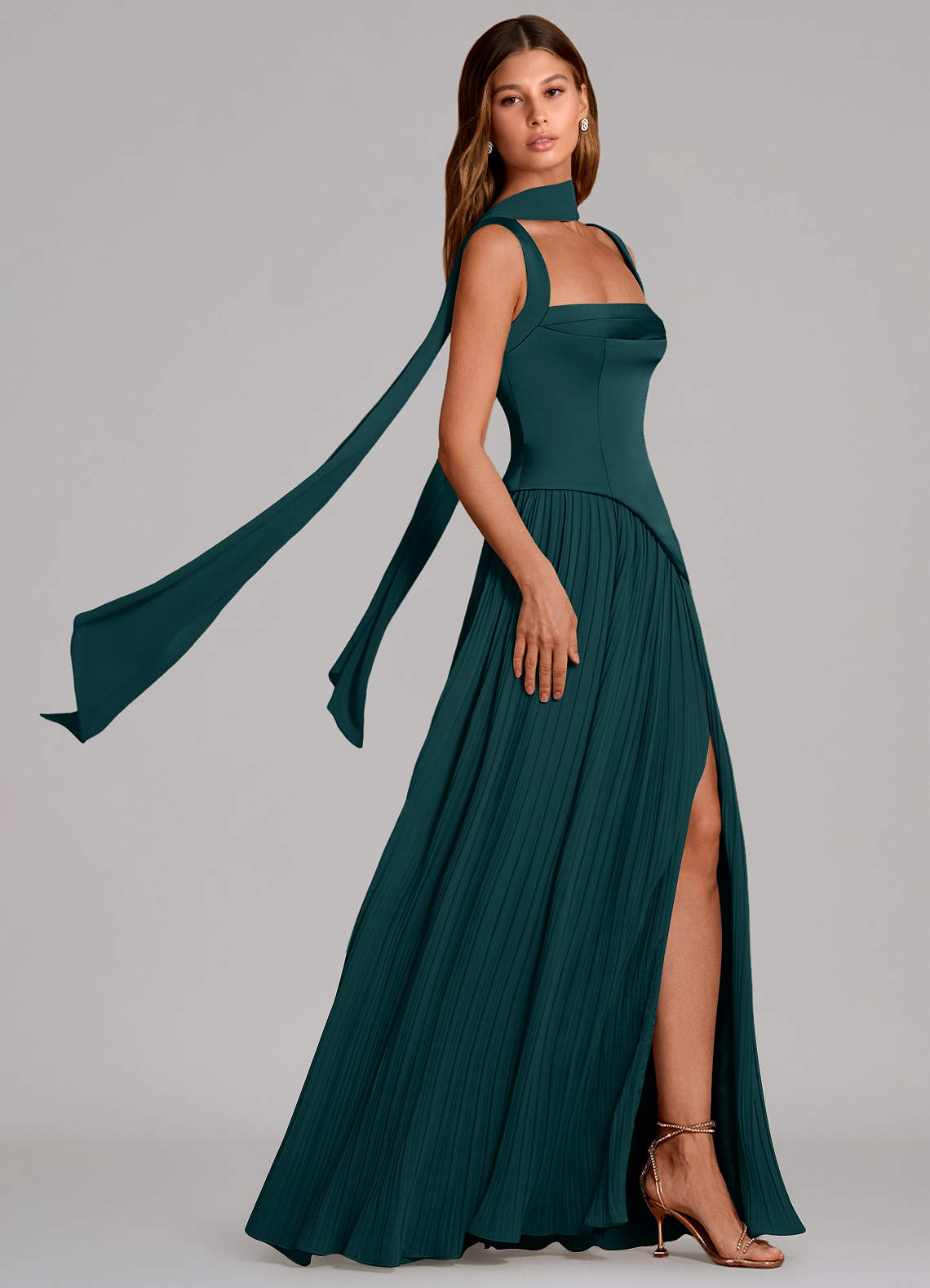 Stephanie A-Line Square-Neck Stretch Satin and Chiffon Bridesmaid Dress in Pine