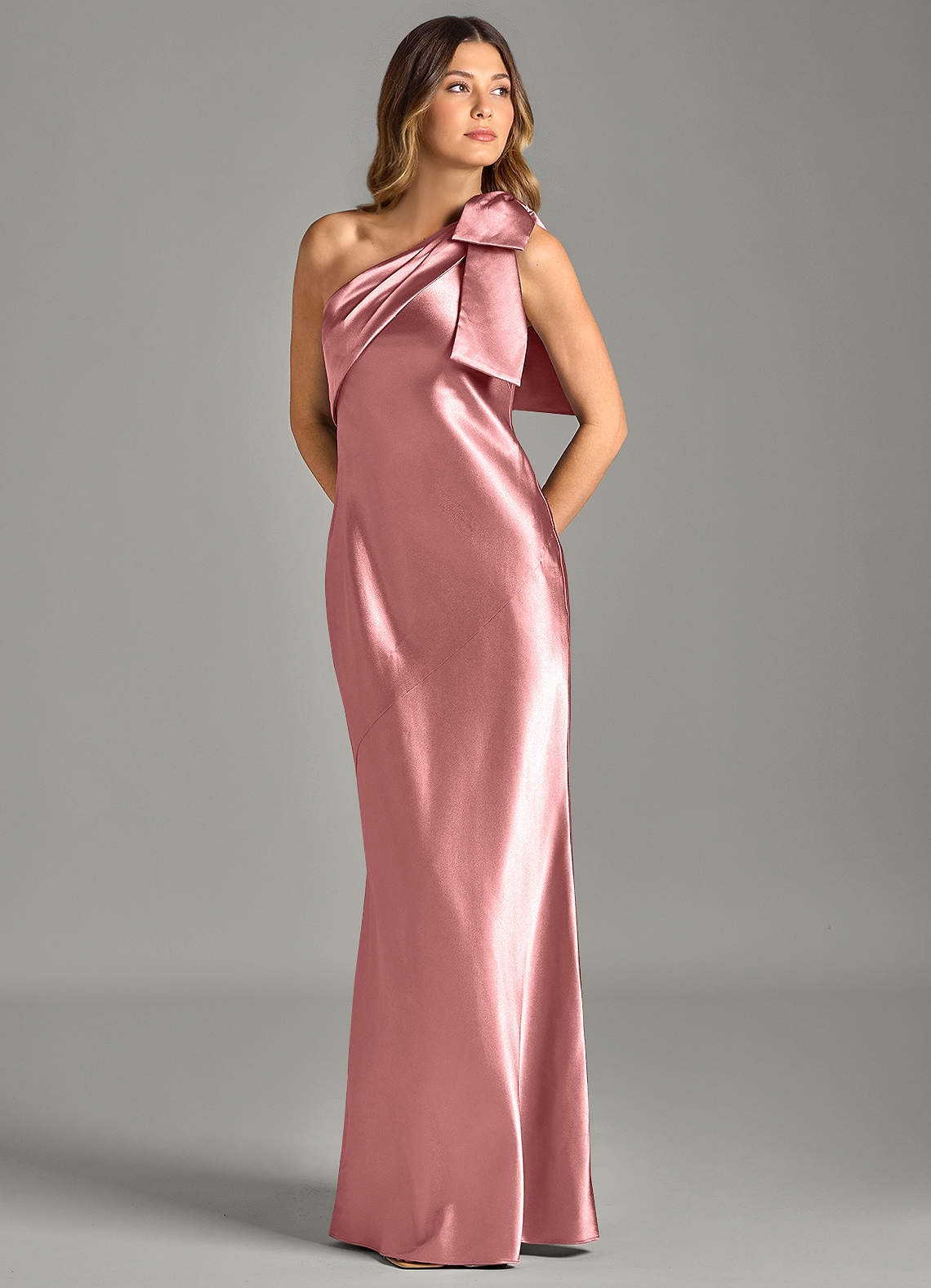 Yuanna Mermaid One-Shoulder Metallic Satin Bridesmaid Dress in Rosette
