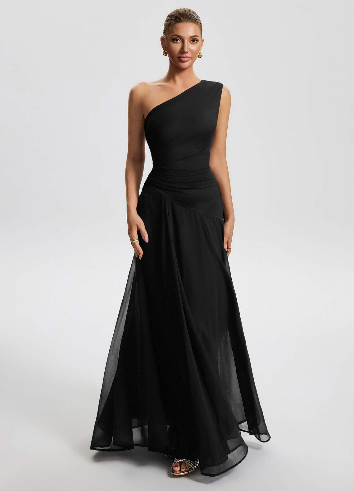 Sylvaine A-Line One-Shoulder Chiffon Wedding Guest Dress in black