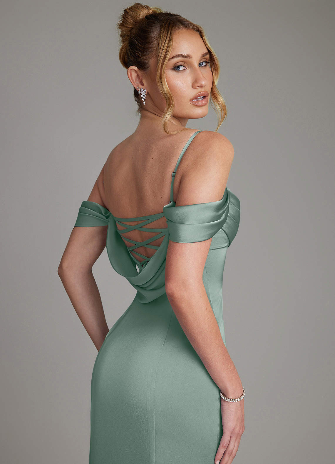 Nira Mermaid Sweetheart Stretch Satin Bridesmaid Dress in Silver Sage
