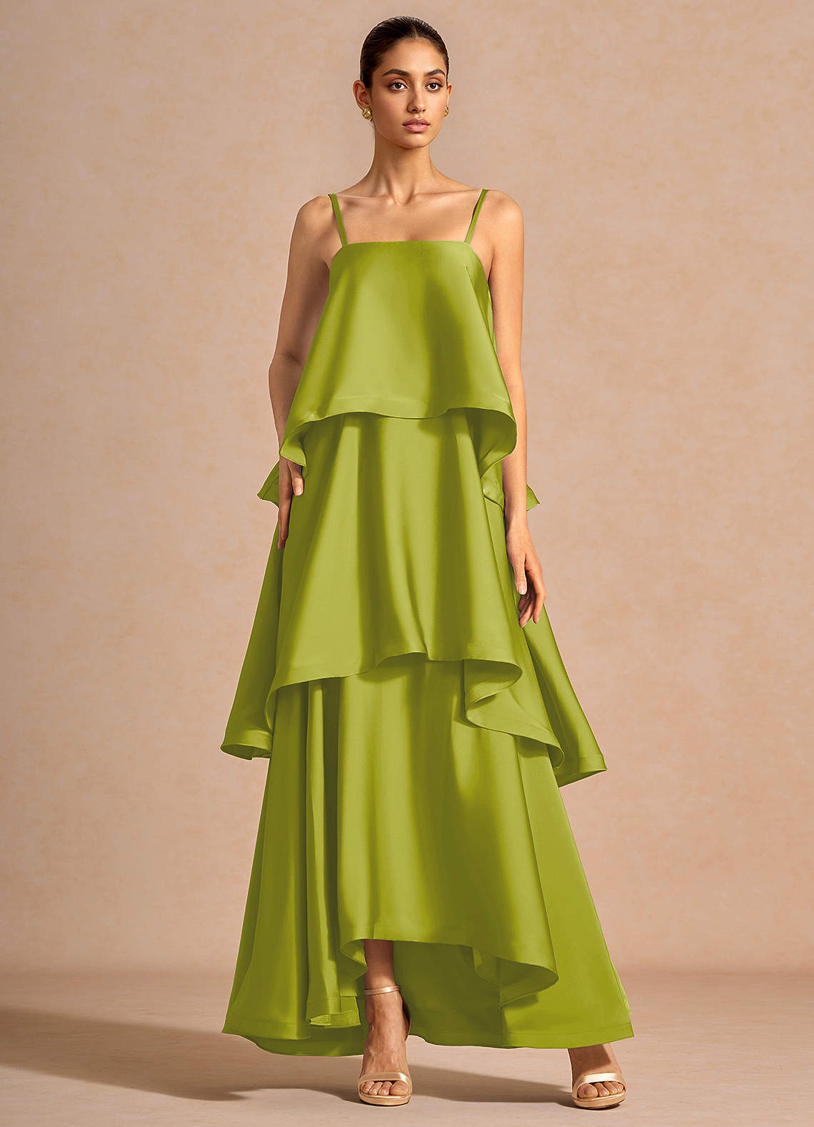 Itasca A-Line Tiered Stretch Satin Wedding Guest Dress in Lemon Green