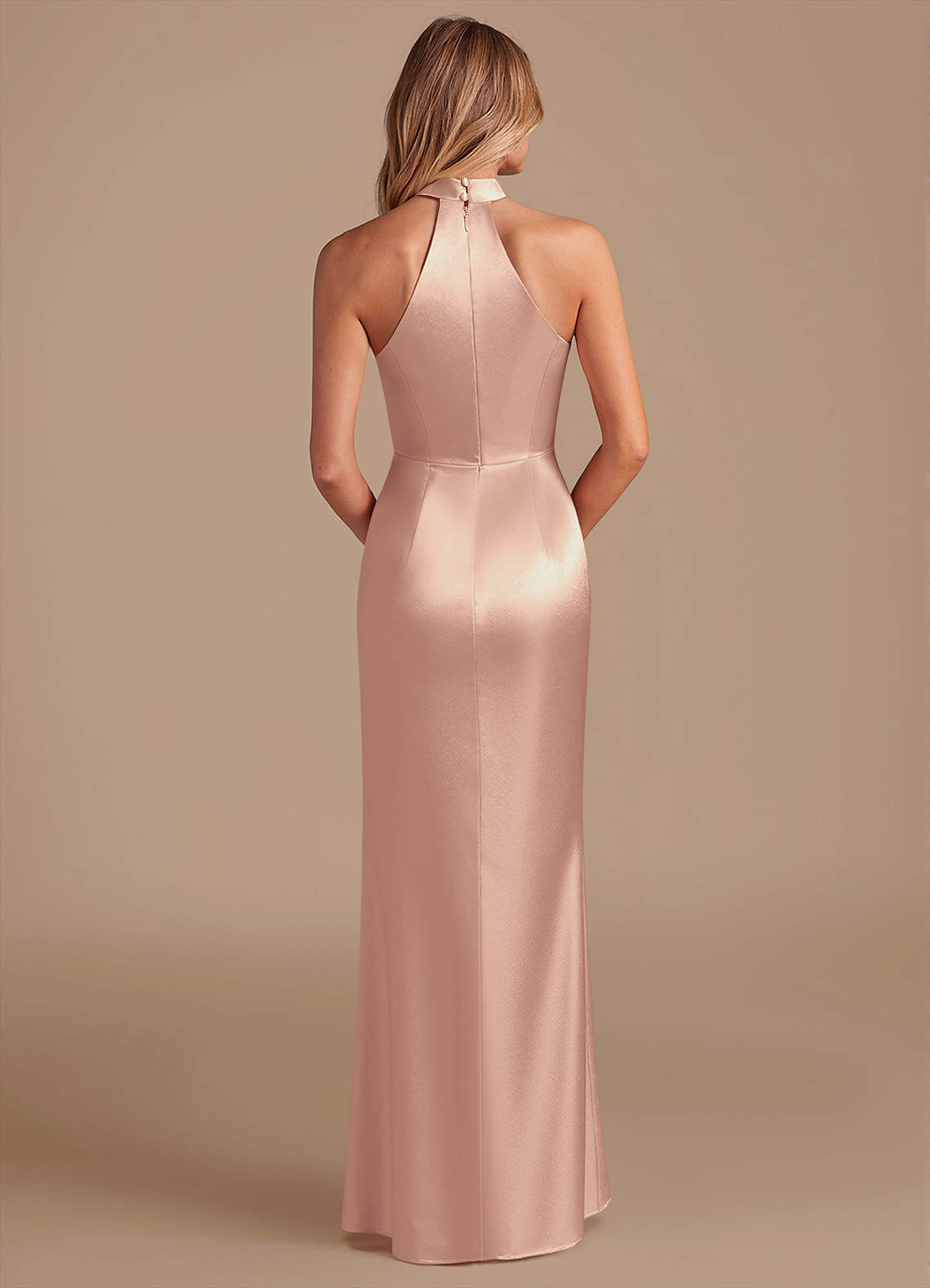 Karlotta Sheath Halter-Neck Metallic Satin Bridesmaid Dress in English Rose