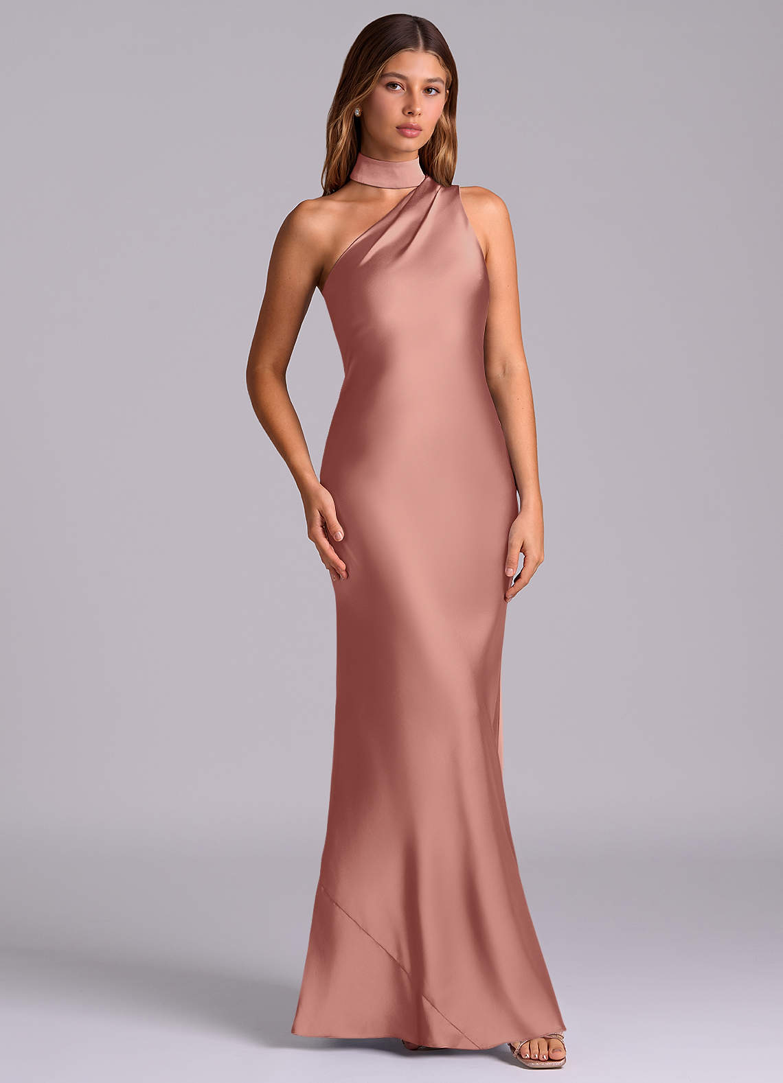 Seona Mermaid One-Shoulder Stretch Satin and Tulle Bridesmaid Dress in Rosette