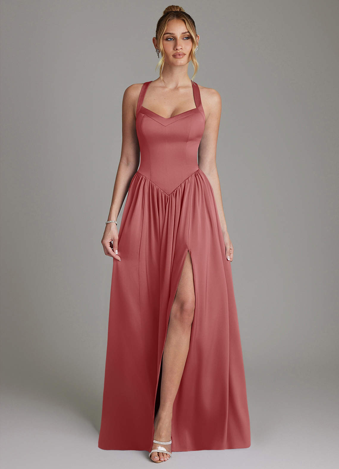 Francis A-Line V-Neck Stretch Satin Bridesmaid Dress in Antique Rose