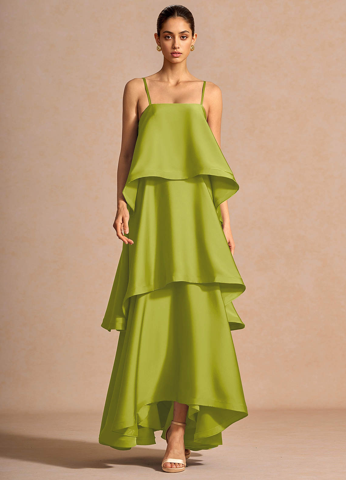Itasca A-Line Tiered Stretch Satin Wedding Guest Dress in Lemon Green