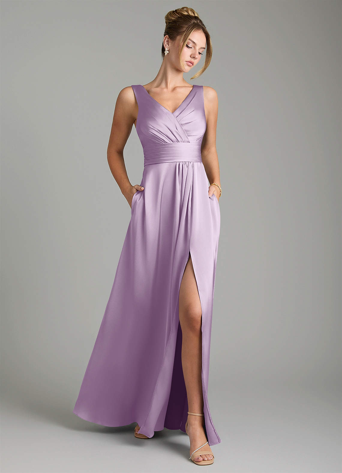 Karina A-Line V-Neck Stretch Satin Bridesmaid Dress in Frosted Lilac