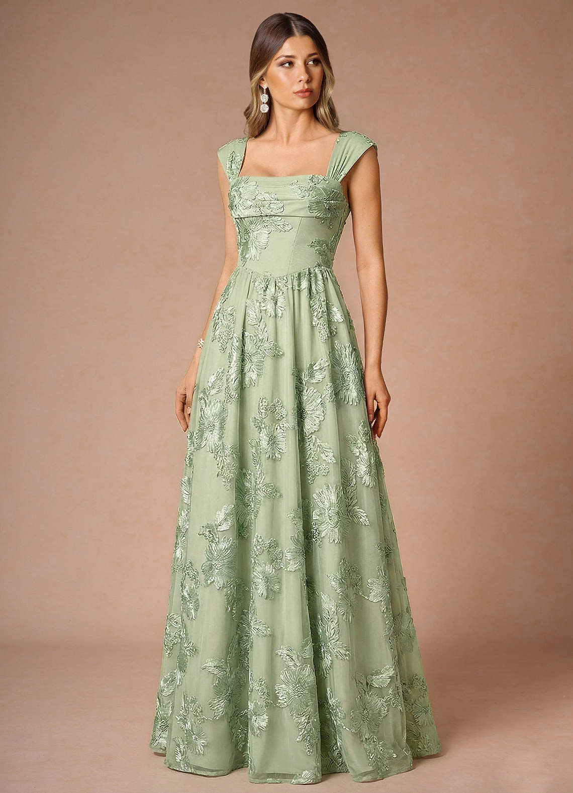 Hazel A-Line Cowl-Neck Floral Mesh Wedding Guest Dress in Light Green