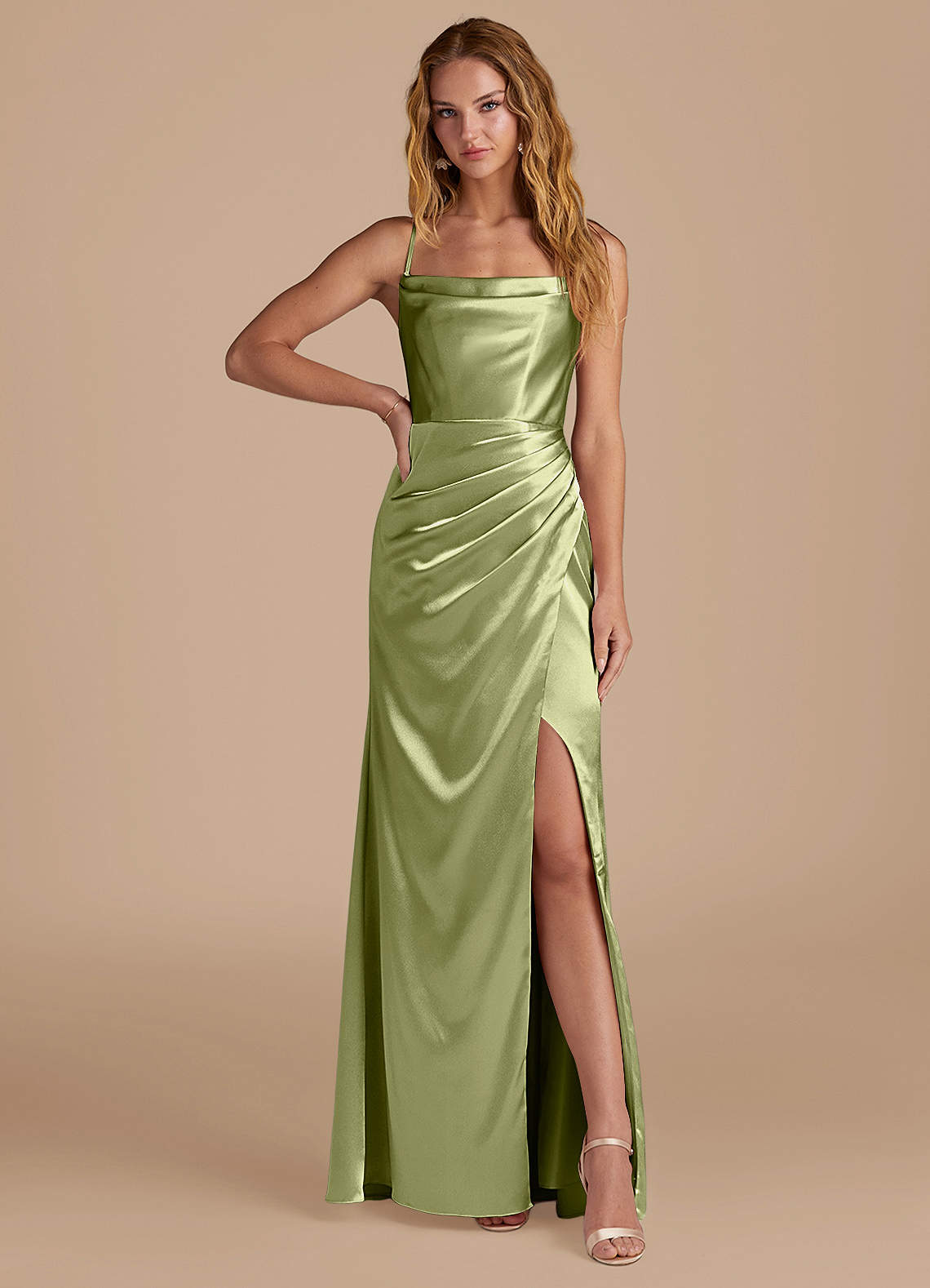Marzia Mermaid Square-Neck Metallic Satin Bridesmaid Dress in Pistachio