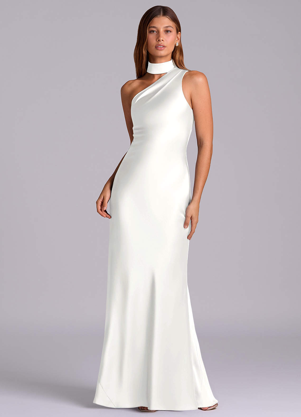 Seona Mermaid One-Shoulder Stretch Satin and Tulle Bridesmaid Dress in white
