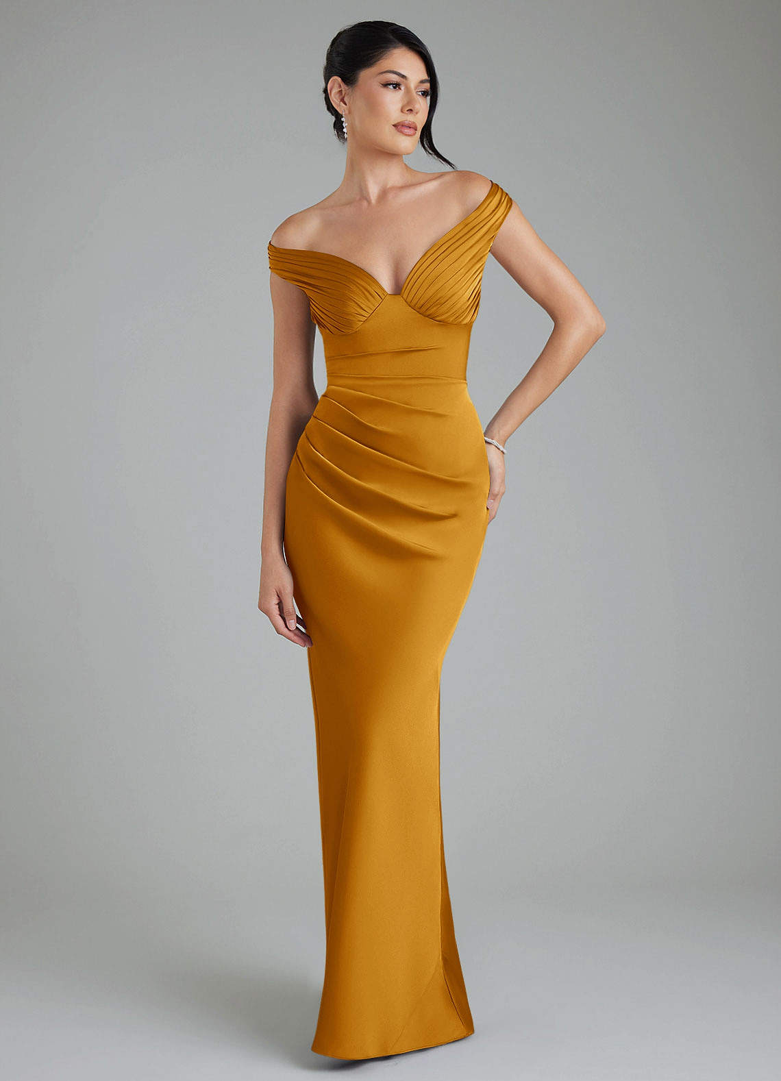 Stella Sheath V-Neck Stretch Satin Bridesmaid Dress in butterscotch