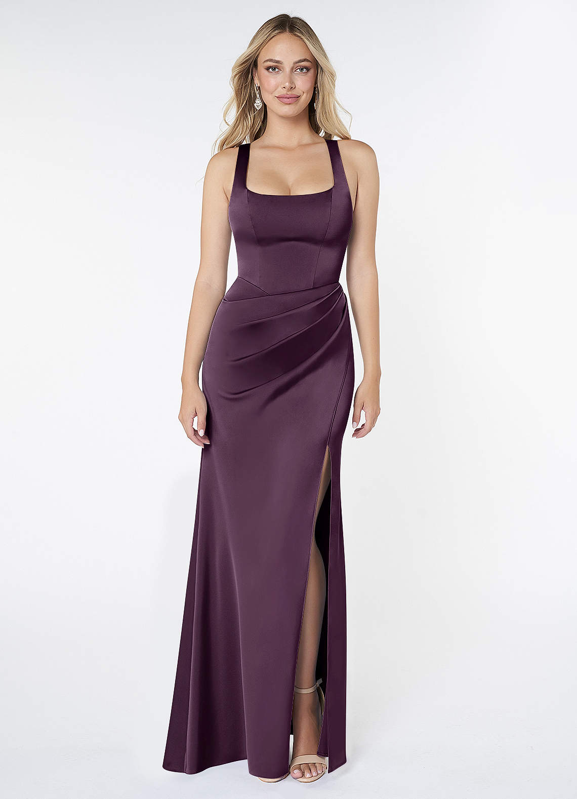 Mero Mermaid Square-Neck Stretch Satin Bridesmaid Dress in Plum
