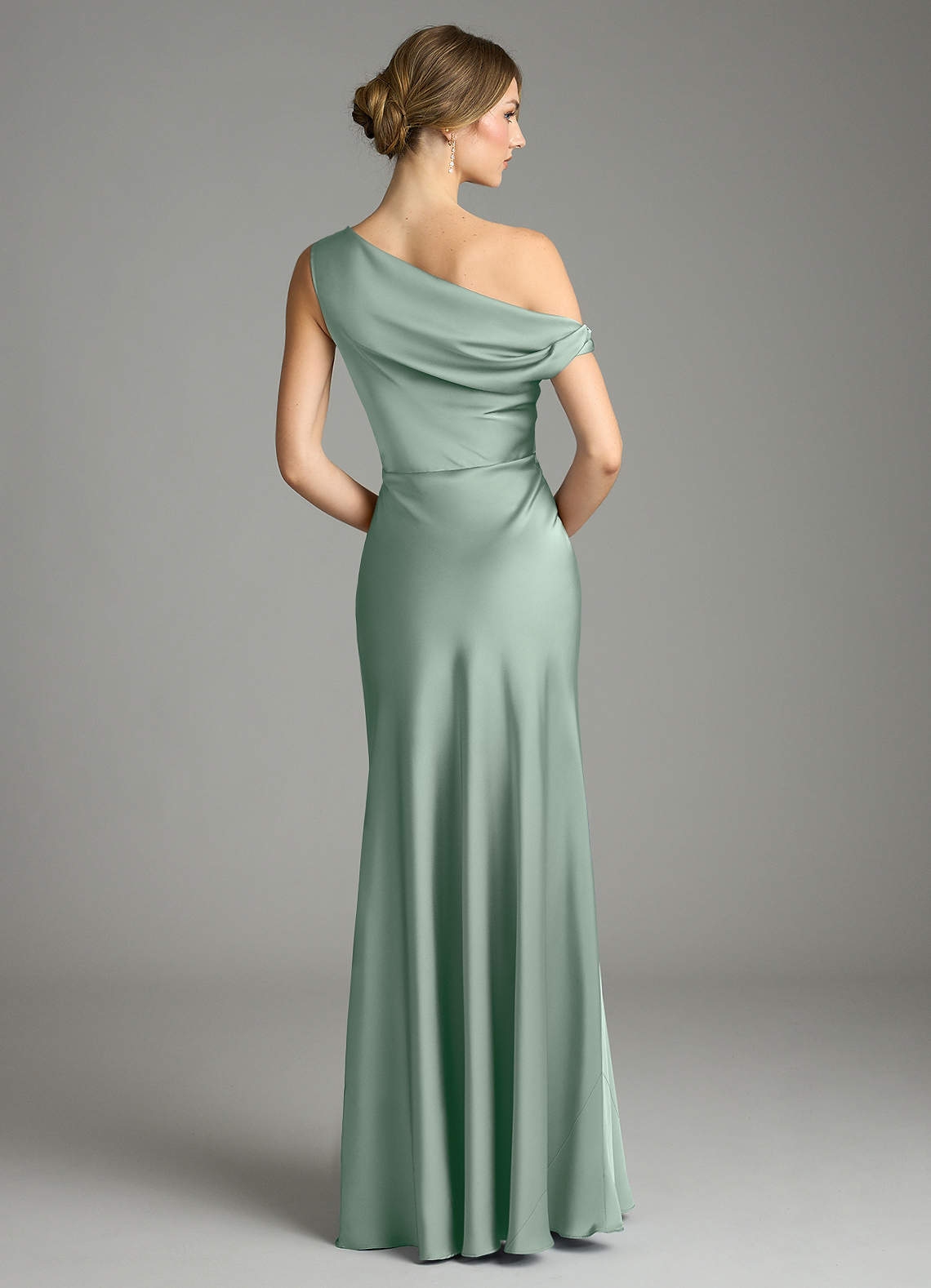 Emerson Mermaid One-Shoulder Stretch Satin Bridesmaid Dress in Agave