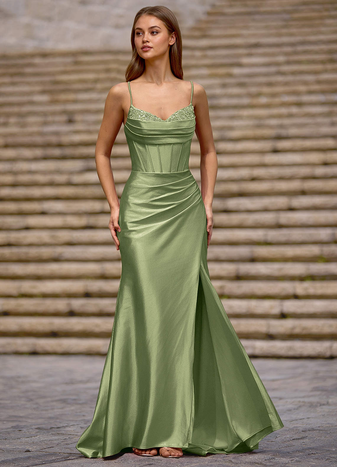 Glow Strapless Corset Slit Stretch Satin Evening Dress in Pistachio