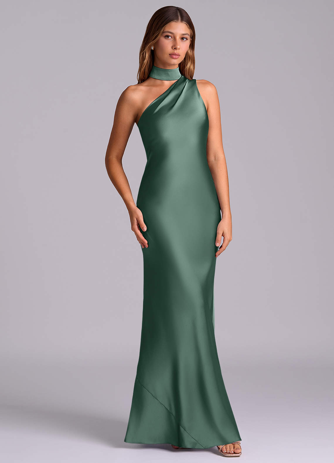 Seona Mermaid One-Shoulder Stretch Satin and Tulle Bridesmaid Dress in Eucalyptus