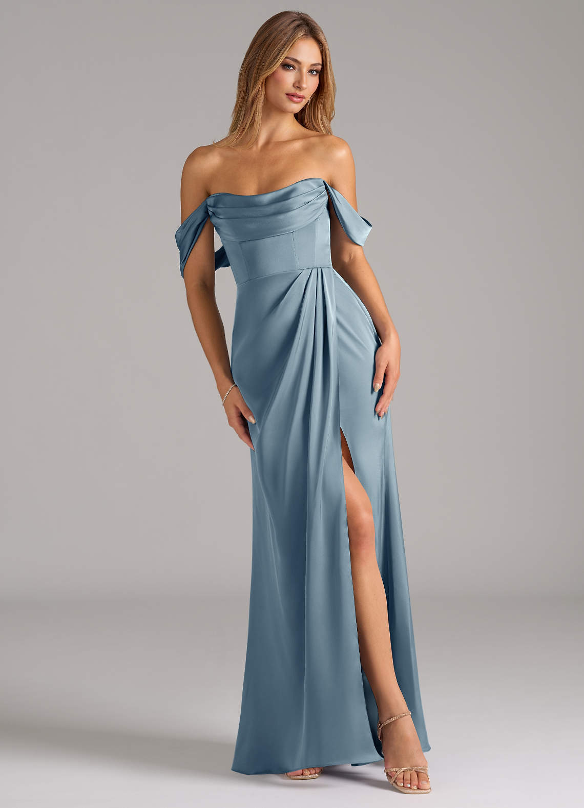 Johana Mermaid Off-the-Shoulder Stretch Satin Bridesmaid Dress in dusty blue