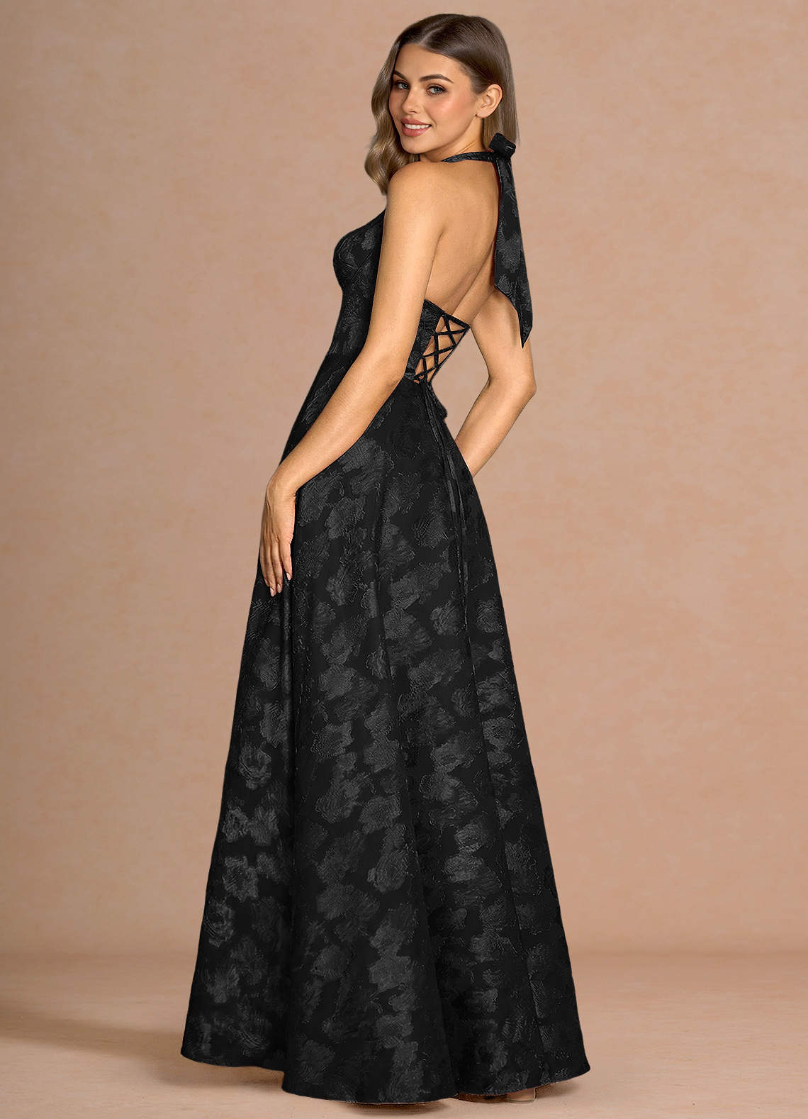Isabeau A-Line V-Neck Fil Coupé Evening Dress in Black