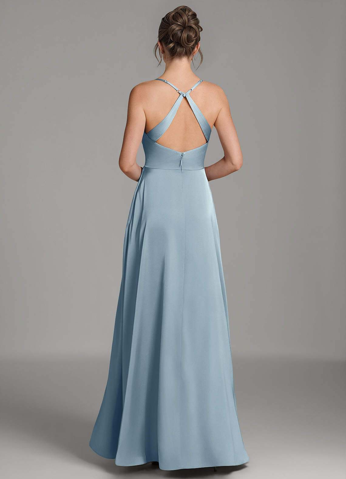Frankie A-Line Scoop-Neck Stretch Satin Bridesmaid Dress in dusty blue