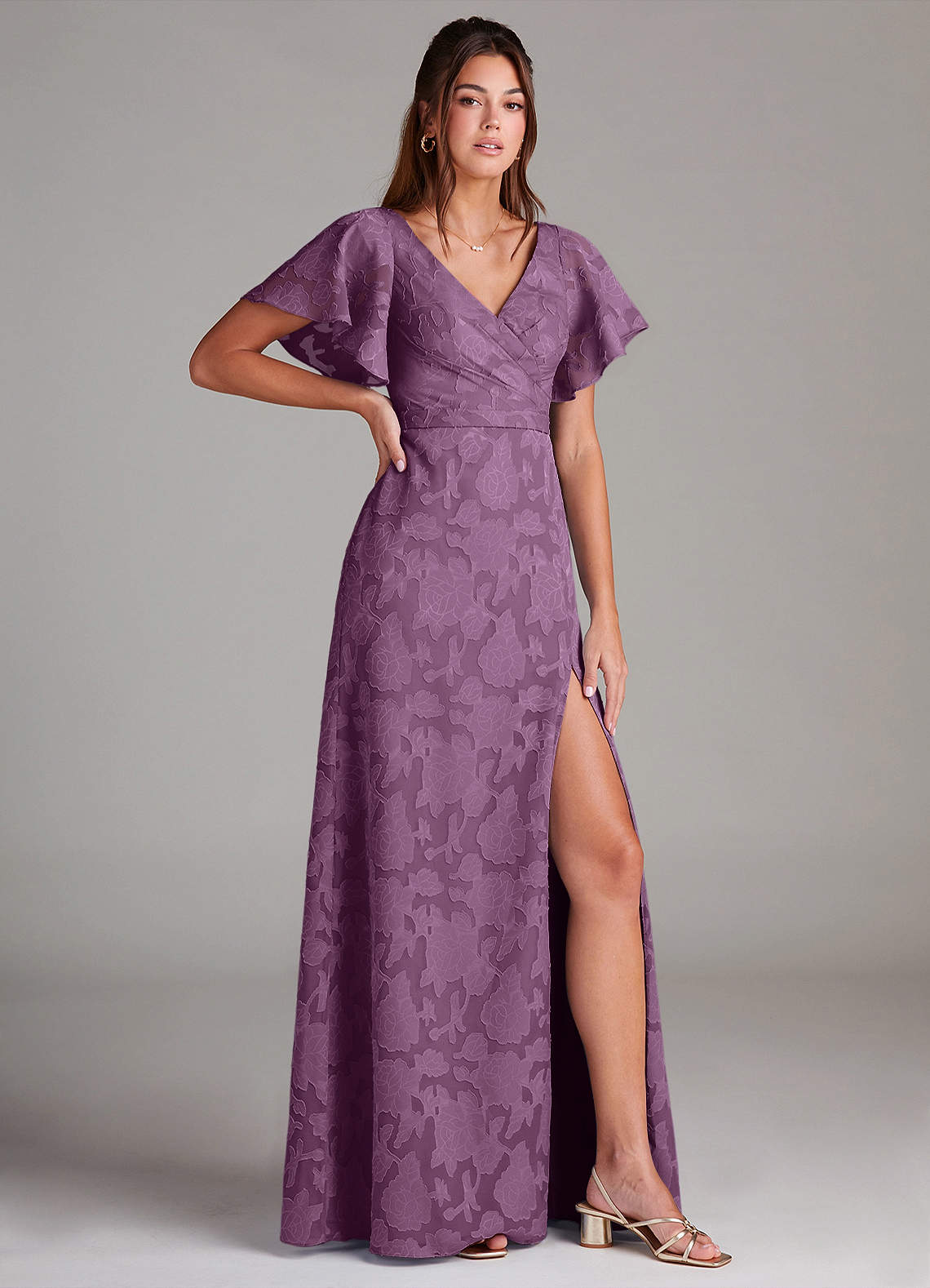 Ambrosia A-Line V-Neck Floral Burnout Bridesmaid Dress in Wisteria
