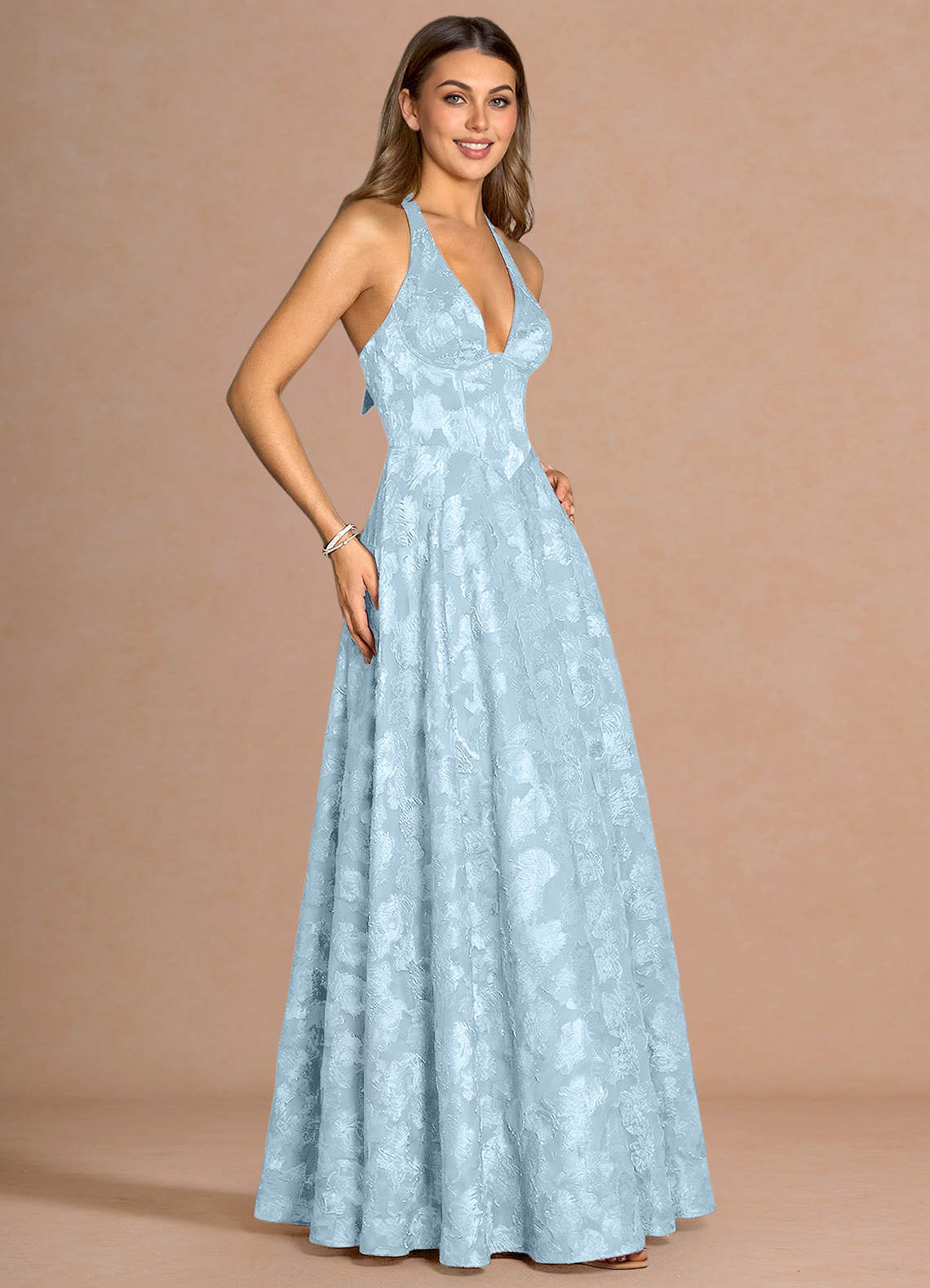 Isabeau A-Line V-Neck Fil Coupé Evening Dress in Powder Blue