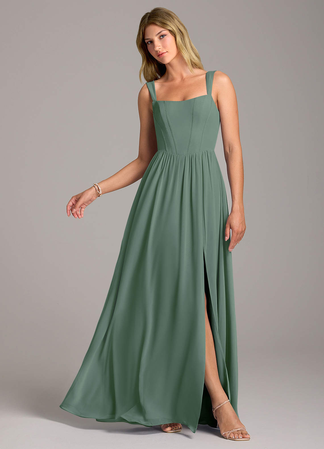 Rosaline A-Line Square-Neck Chiffon Bridesmaid Dress in Eucalyptus