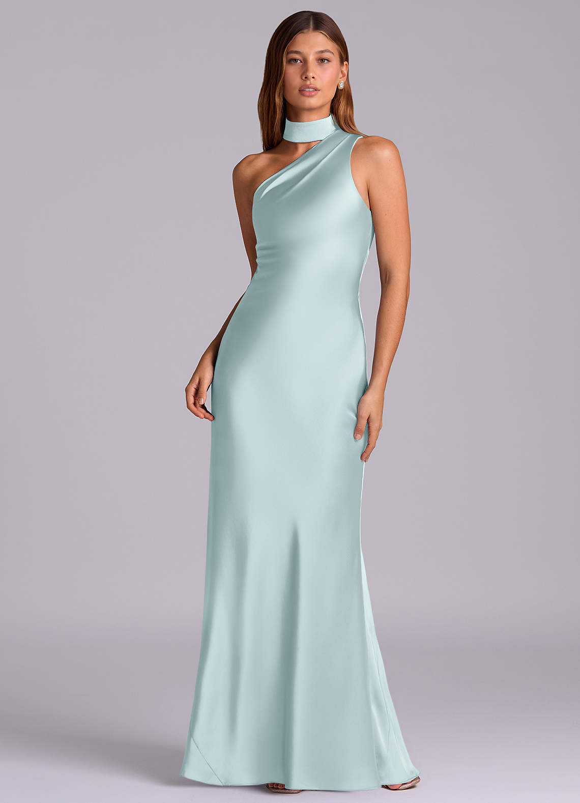 Seona Mermaid One-Shoulder Stretch Satin and Tulle Bridesmaid Dress in Mist