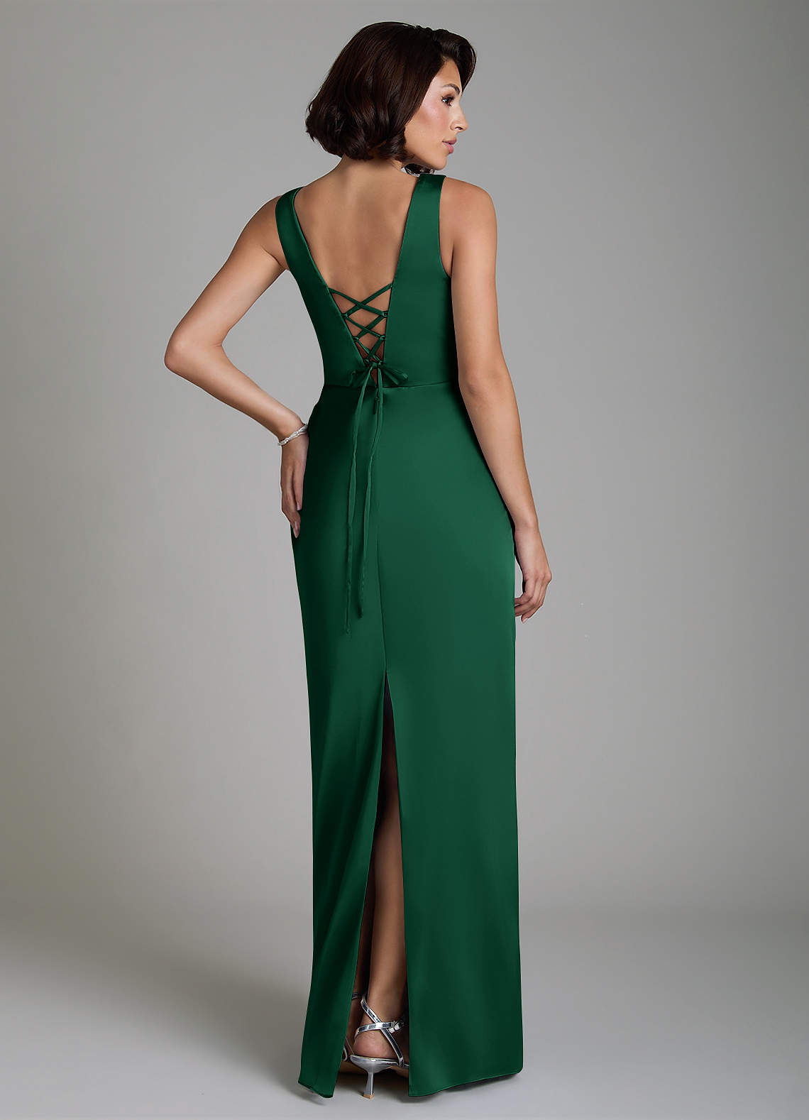 Vanya Sheath V-Neck Stretch Satin Bridesmaid Dress in Dark Green