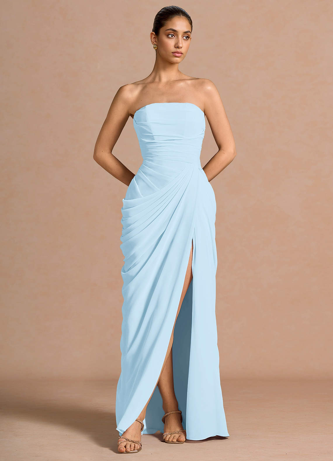 Kaavia Column Pleated Chiffon Maxi Evening Dress in Dusty Blue
