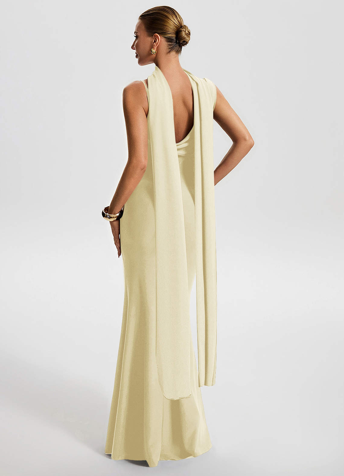 Freya Mermaid Cowl-Neck Stretch Jersey Evening Dress in Lemon Sorbet