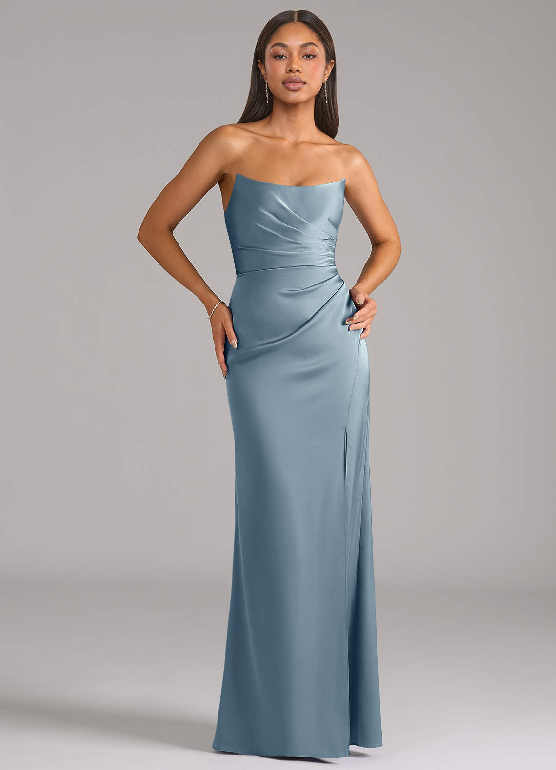 Marla Sheath Strapless Stretch Satin Bridesmaid Dress in dusty blue