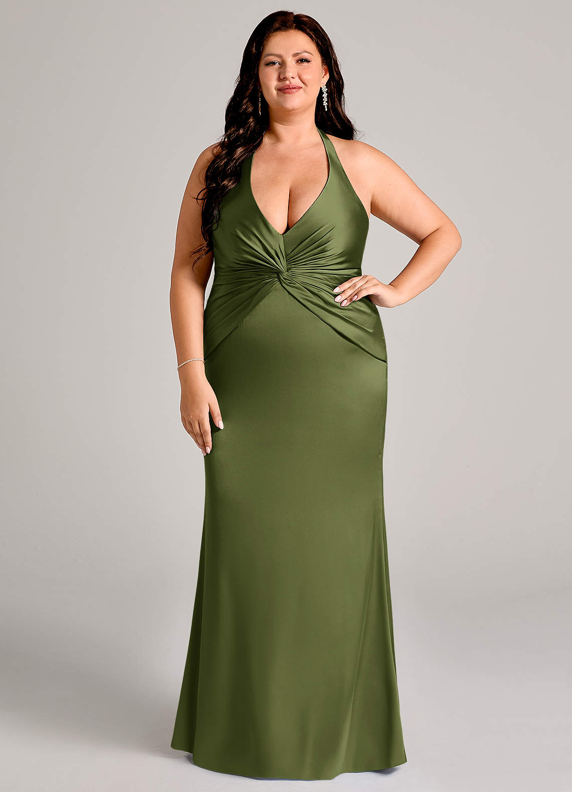 Valerie Mermaid V-Neck Stretch Satin Bridesmaid Dress in Olive