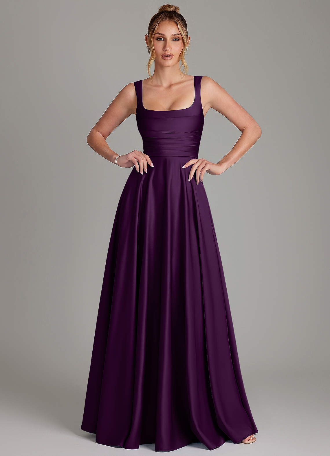 Azaria A-Line Square-Neck Stretch Satin Bridesmaid Dress in Grape