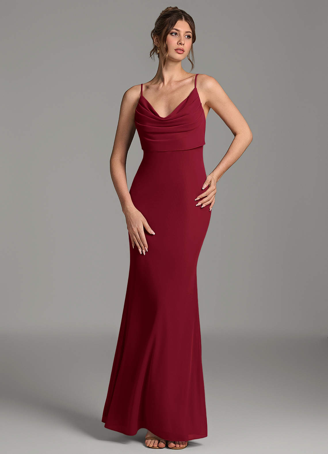 Zari Mermaid Cowl-Neck Mesh Bridesmaid Dress in Burgundy