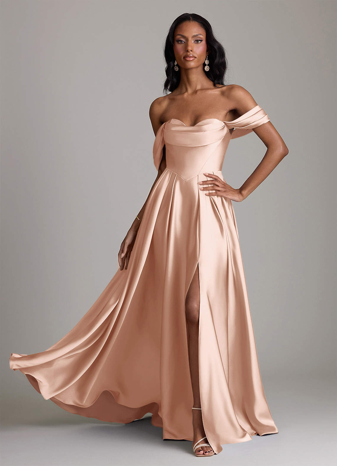 Loisa A-Line Off-the-Shoulder Stretch Satin Bridesmaid Dress in rose gold