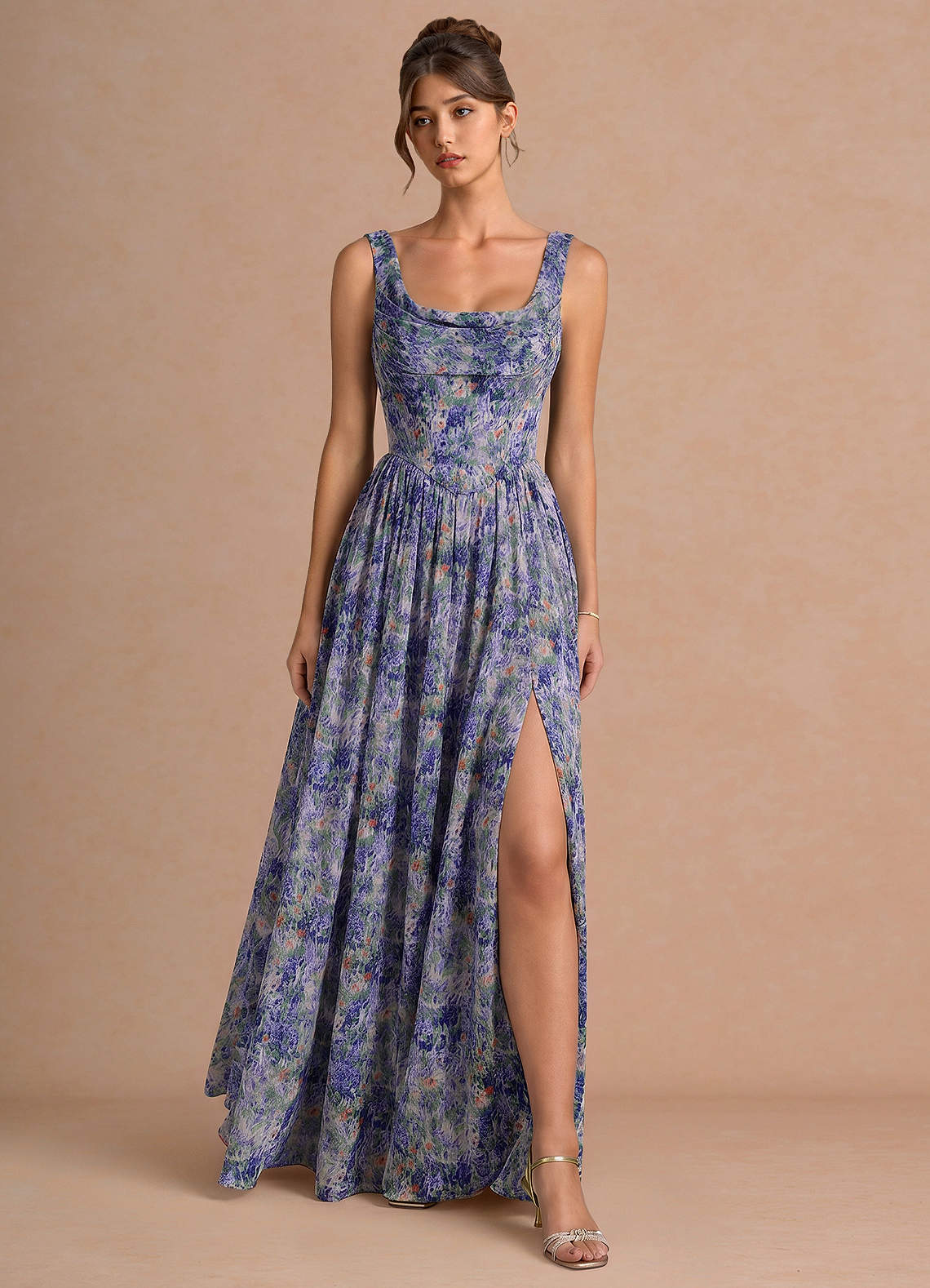 Aurore A-Line Cowl-Neck Chiffon Wedding Guest Dress in Truffle