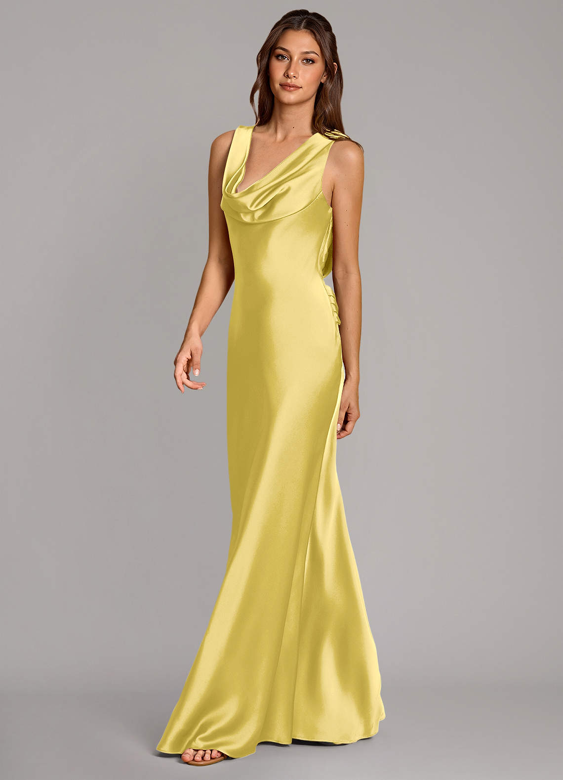 Cheryl Mermaid Cowl-Neck Stretch Satin Bridesmaid Dress in Canary