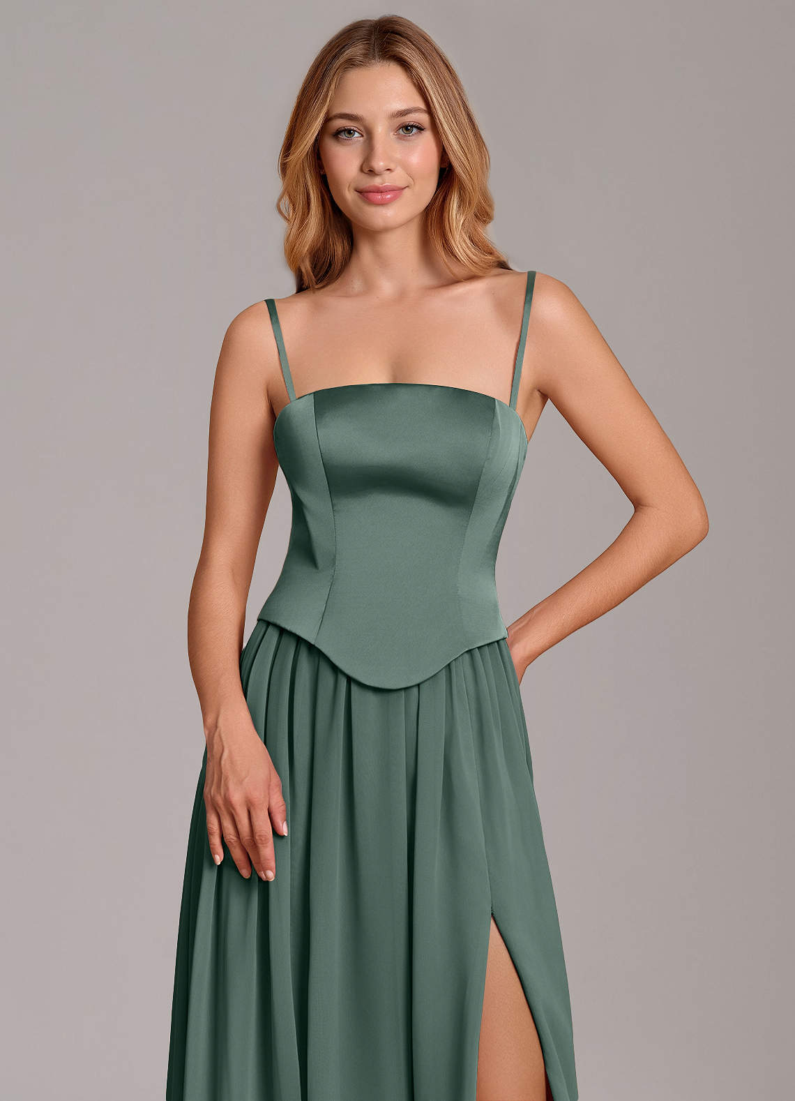 Cadence A-Line Strapless Chiffon and Stretch Satin Bridesmaid Dress in Sea Moss