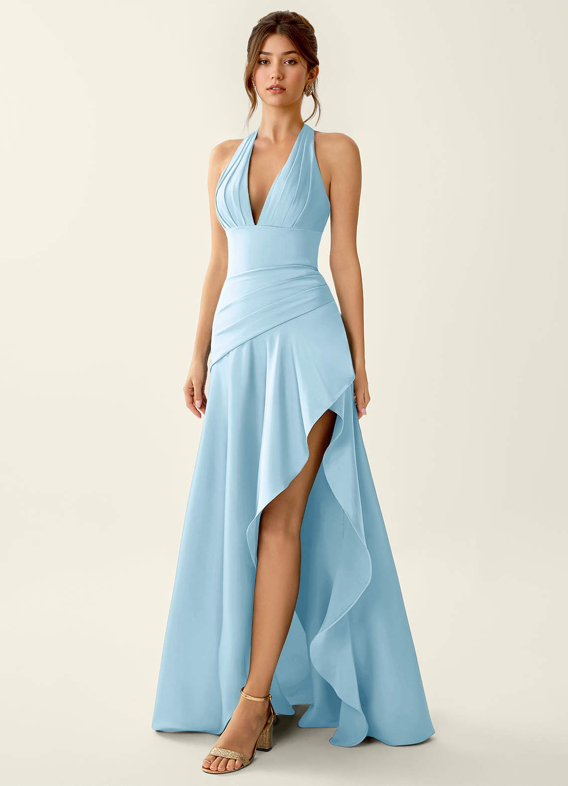 Titania Halter Asymmetric-Ruffle Satin Evening Dress in Pastel Yellow
