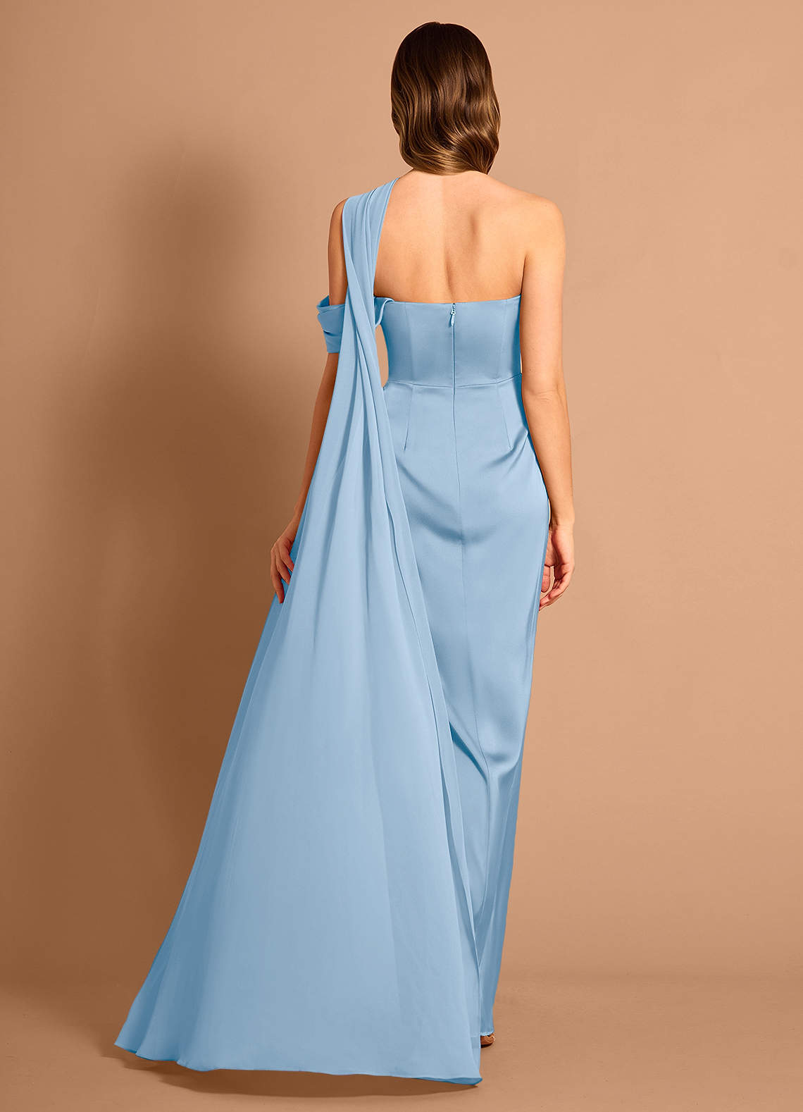 Meliora Asymmetric Strapless Chiffon-Drape Stretch Satin Evening Dress in Haze blue