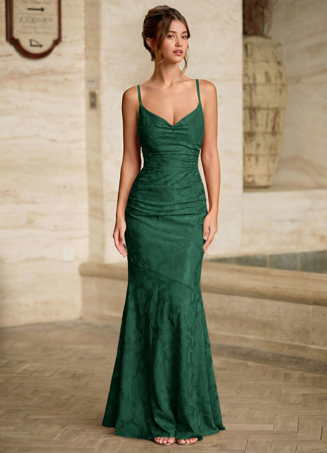 Leahenmo Mermaid Cowl-Neck Floral Burnout Prom Dress in Emerald Green