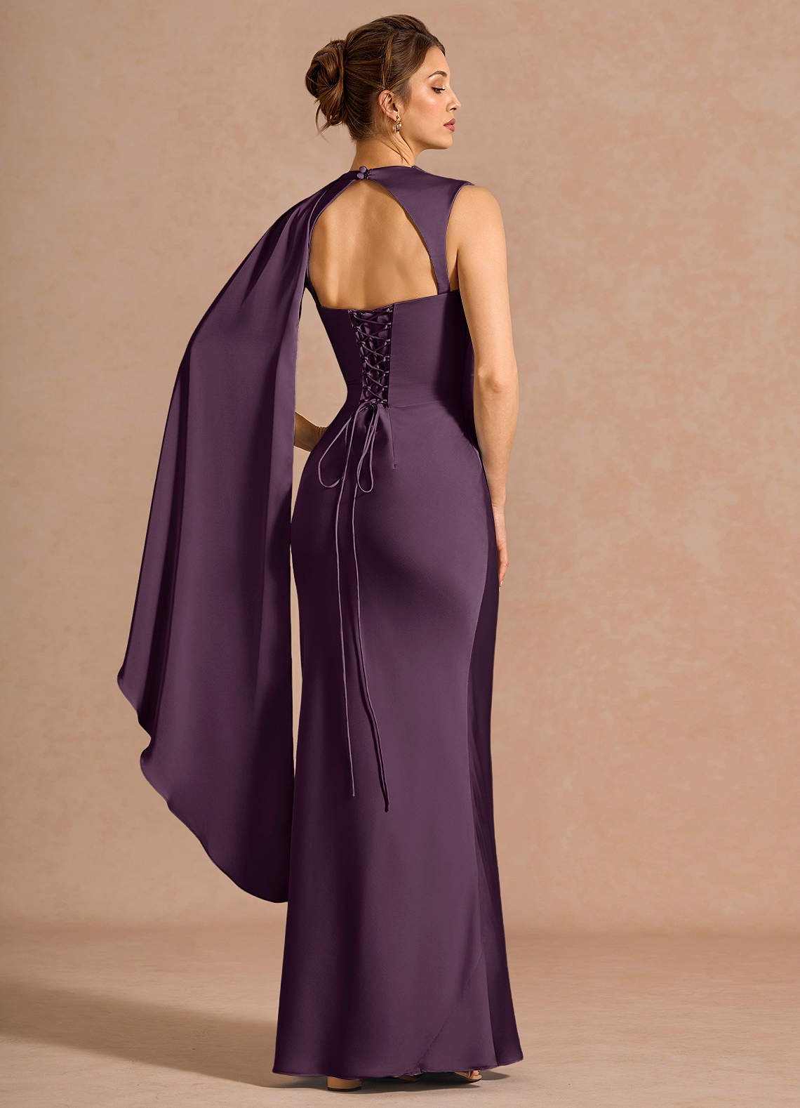 Chesney Cape-Sleeve Pleated Stretch Satin Wedding Guest Dress in Dark Purple