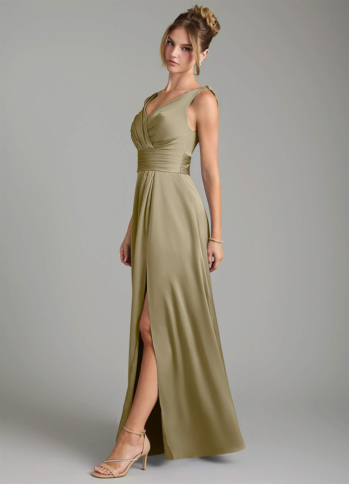 Karina A-Line V-Neck Stretch Satin Bridesmaid Dress in Moss Green