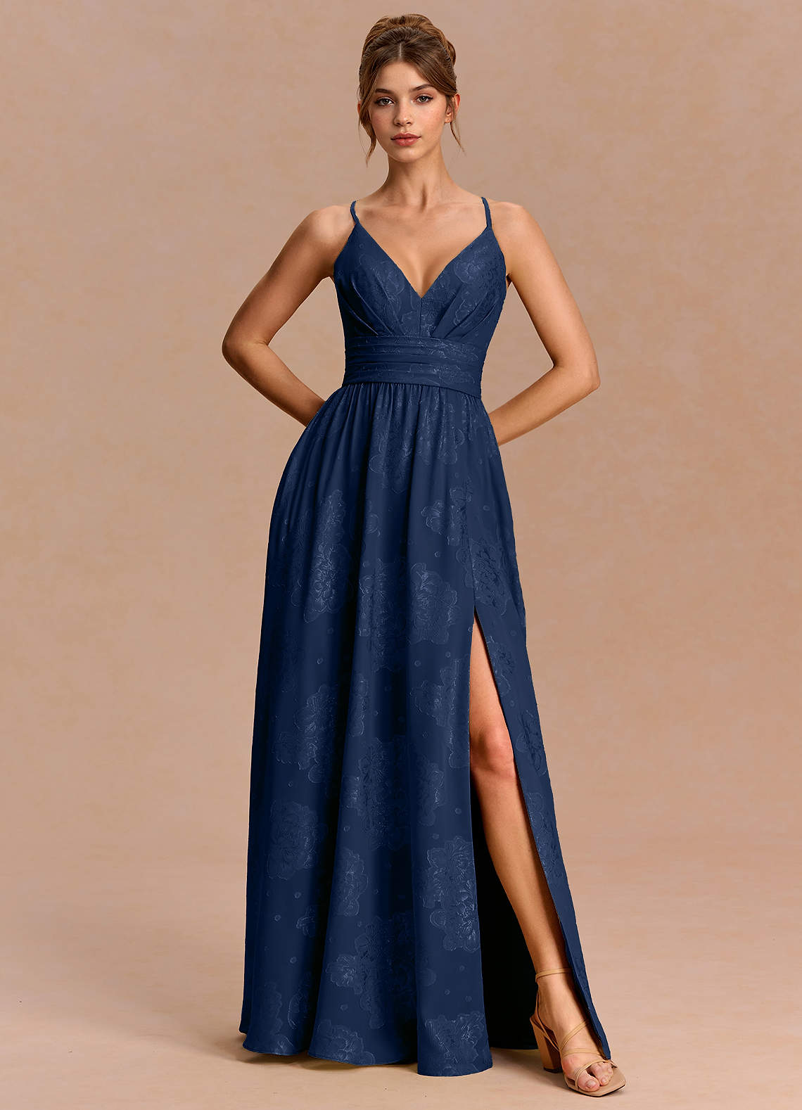 Anaëlle A-Line V-Neck Chiffon Burnout Evening Dress in Navy