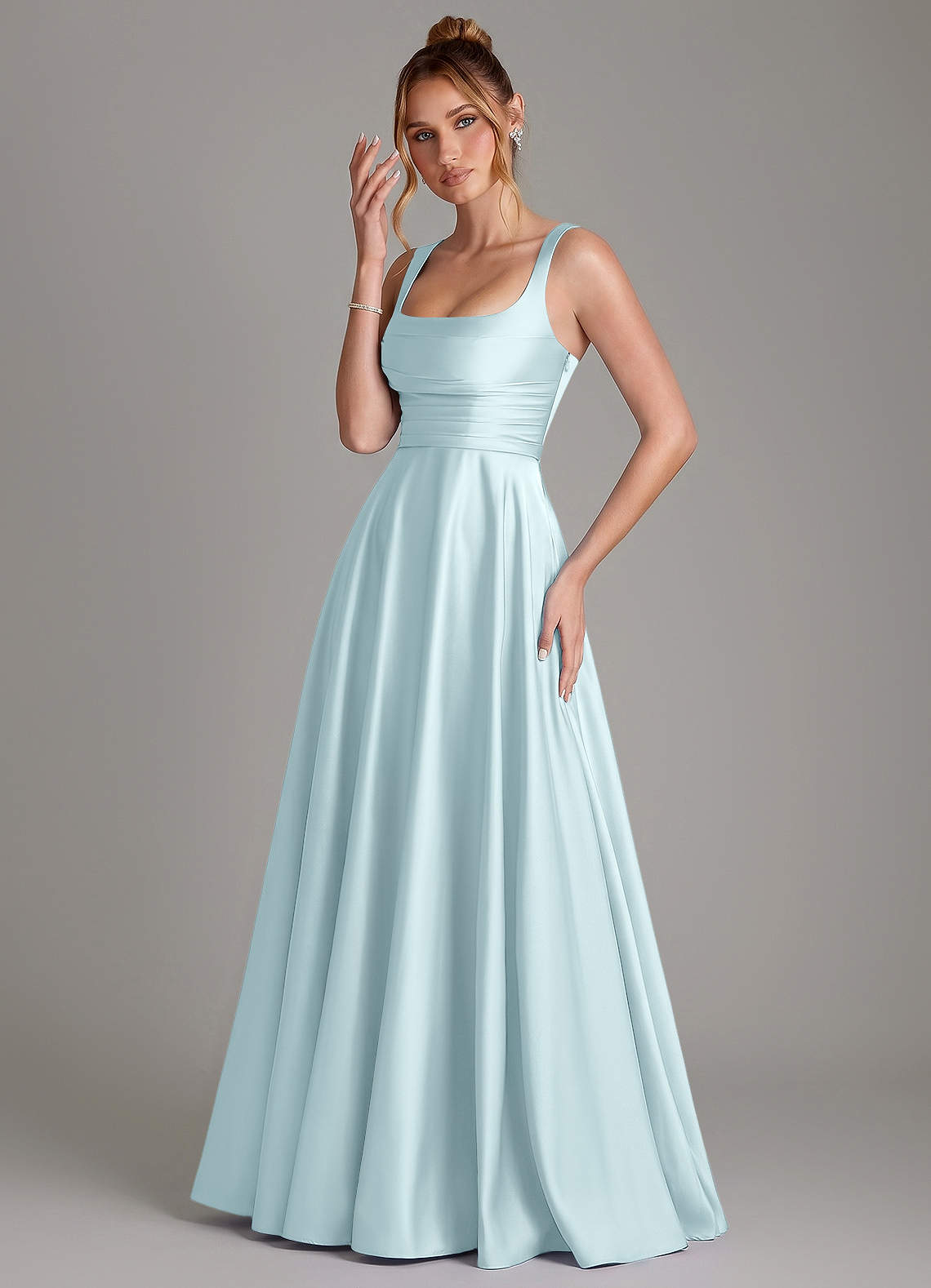Azaria A-Line Square-Neck Stretch Satin Bridesmaid Dress in Cloud Blue