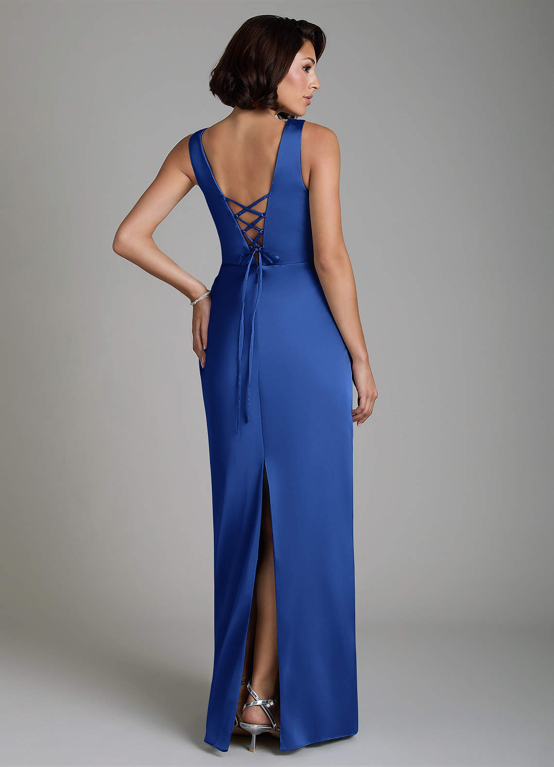 Vanya Sheath V-Neck Stretch Satin Bridesmaid Dress in Royal Blue