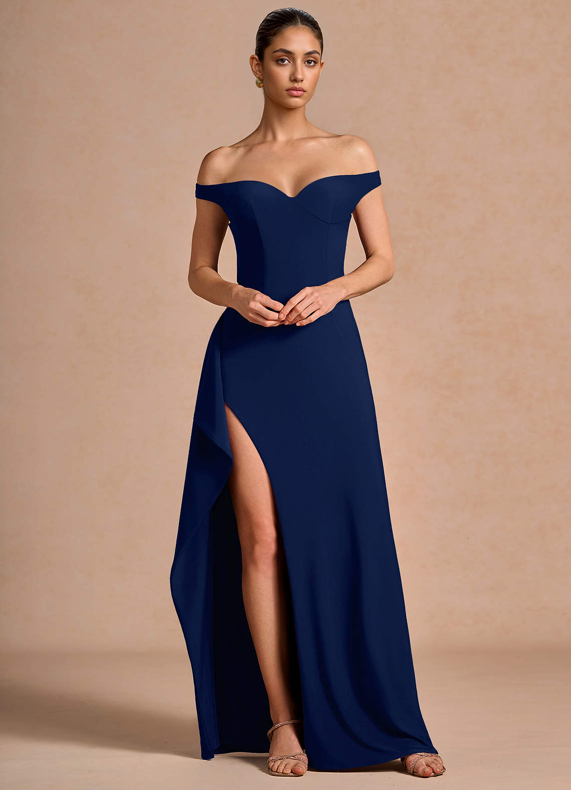 Jasira Sheath V-Neck Stretch Knit Evening Dress in Navy