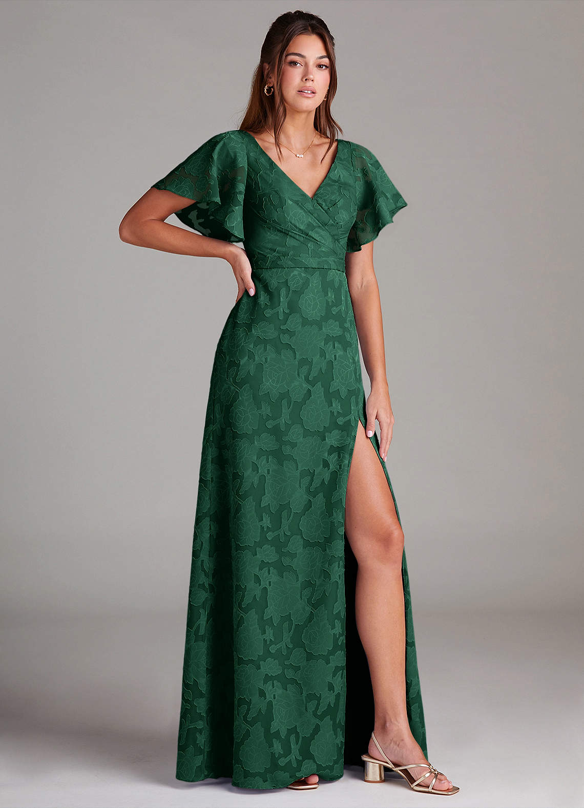 Ambrosia A-Line V-Neck Floral Burnout Bridesmaid Dress in Dark Green