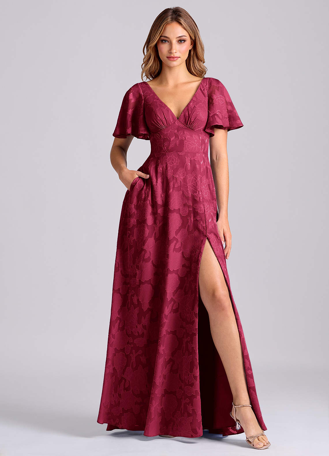 Kimber A-Line V-Neck Floral Burnout Bridesmaid Dress in Burgundy