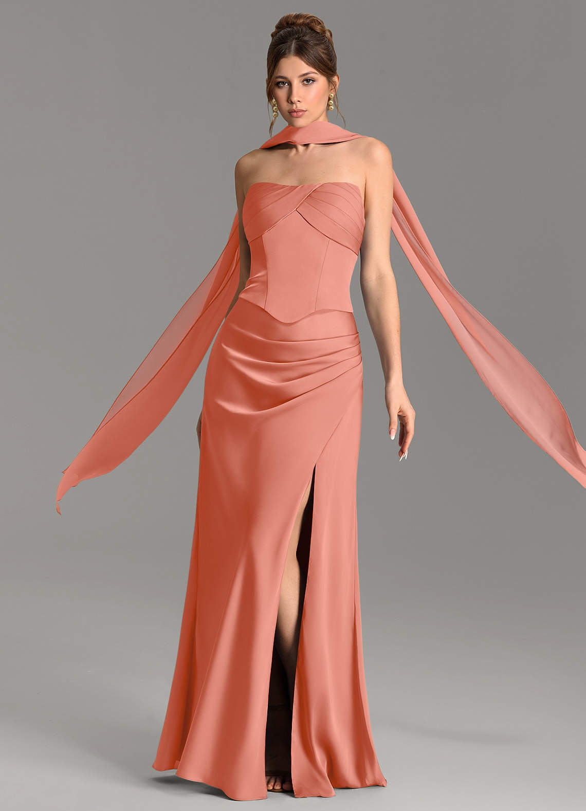 Nicki Sheath Scoop-Neck Stretch Satin Bridesmaid Dress in Salmon Pink