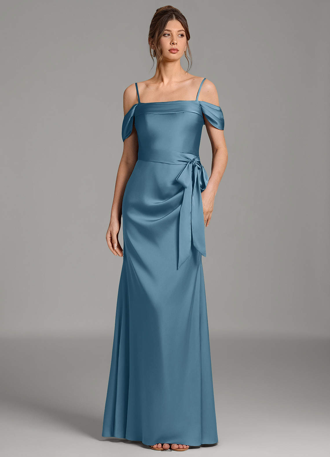 Wyatt Mermaid Off-the-Shoulder Stretch Satin Bridesmaid Dress in Bermuda
